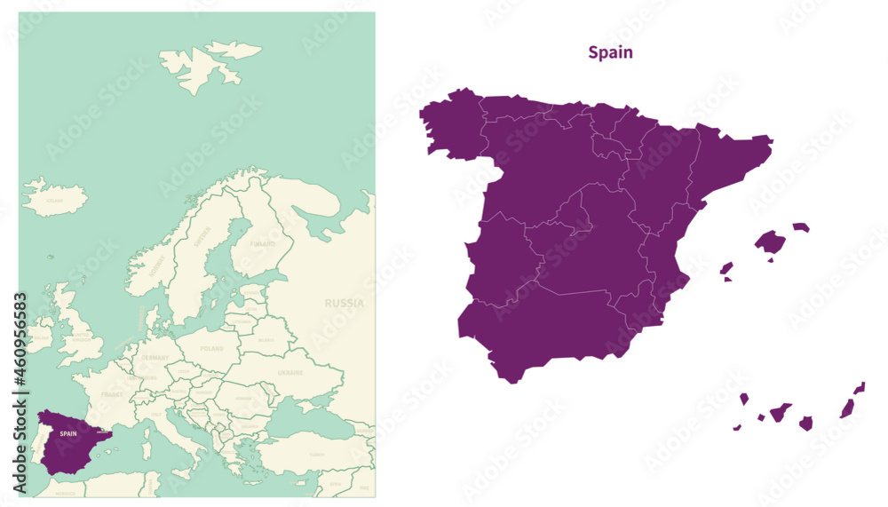 Spain map. map of Spain and neighboring countries. European countries border map.