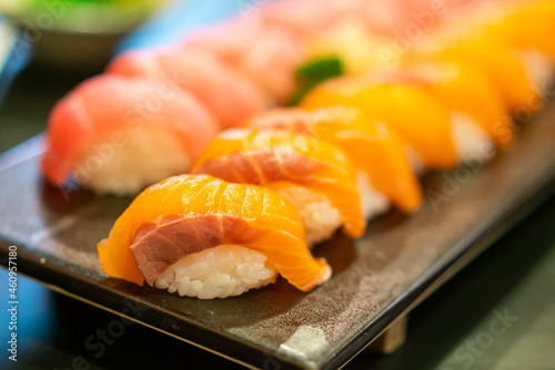 fresh salmon raw sushi on plate