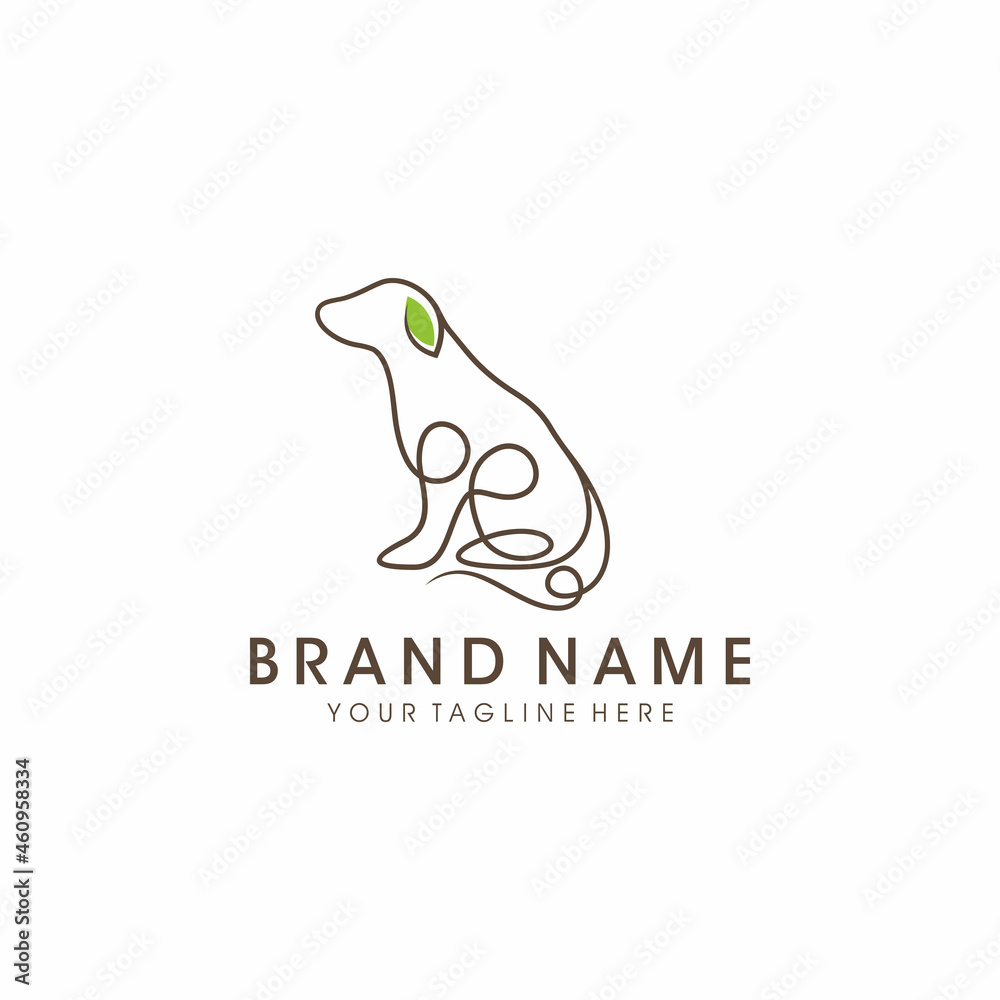 sitting dog with logo design inspiration, leaves on ears, line art concept
