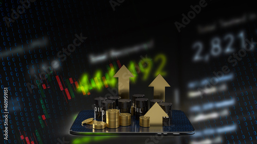 The oil tank on tablet and gold arrow up for energy or petroleum business concept 3d rendering