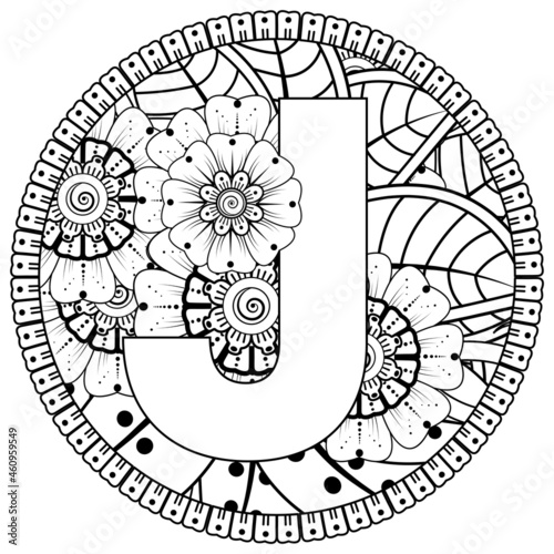 Letter J with Mehndi flower. decorative ornament in ethnic oriental style. coloring book page. 