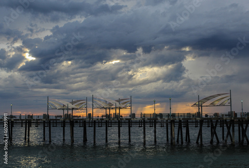 Storm clouds hover over the Pacific Ocean  seen from the Redondo Beach Pier  Los Angeles County  California. 