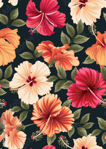 Seamless pattern of hibiscus flowers and lily with leaf background template. Vector set of floral element for tropical print  wedding invitations  greeting card  brochure  banners and fashion design.