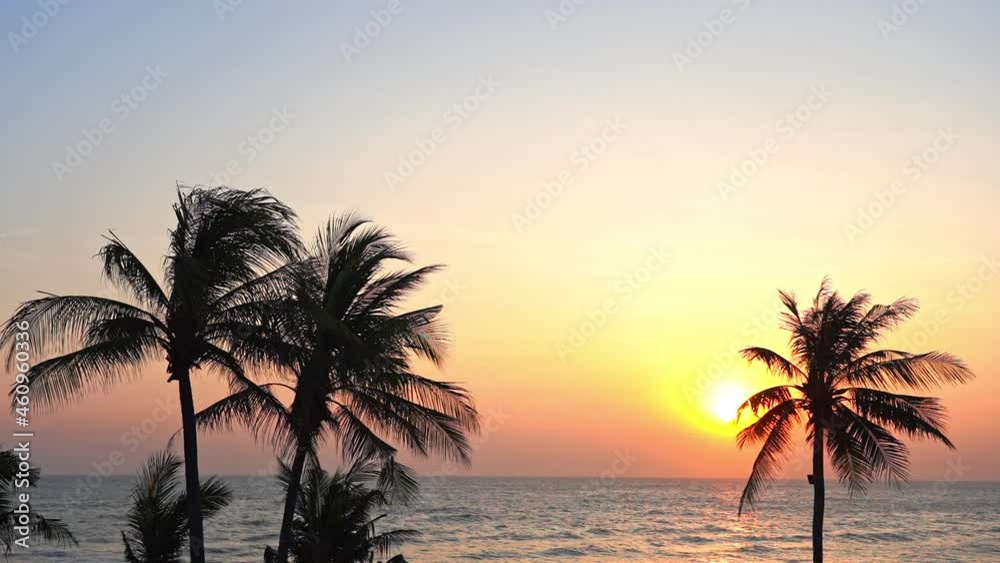 Coconut Palm trees silhouette at the beach when golden sun setting over the sea, sunrise over the sea Coconut Palm trees silhouette at the beach when golden sun setting over the sea, sunrise over the sea