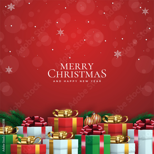 Paper cut with gift, snow, and christmas tree on red background. Snowflake holiday banner for Christmas and New Year Design. Vector illustration