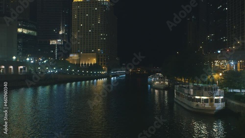 Chicago at night on the Chicago River Light Traffic and Boats photo