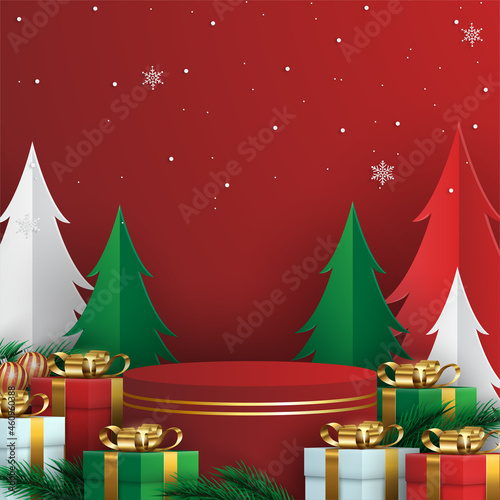 Abstract minimal mock up scene. geometry podium shape for show cosmetic product display. stage pedestal or platform. winter christmas red background with gift and tree xmas. 3D vector