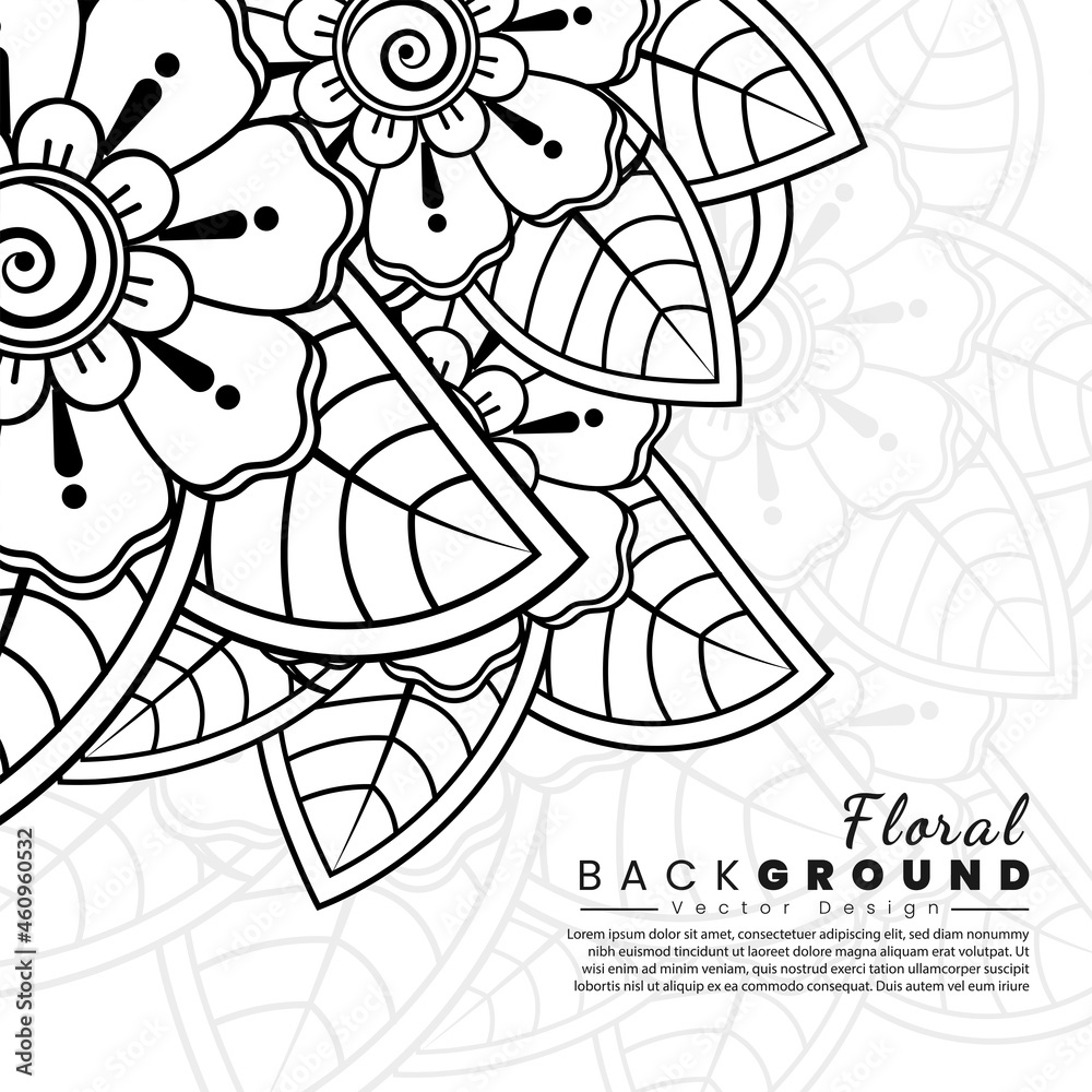 Background with mehndi flowers. Book cover with flower texture. Black lines on white background. Background with mehndi flowers. Book cover with flower texture. Black lines on white background.