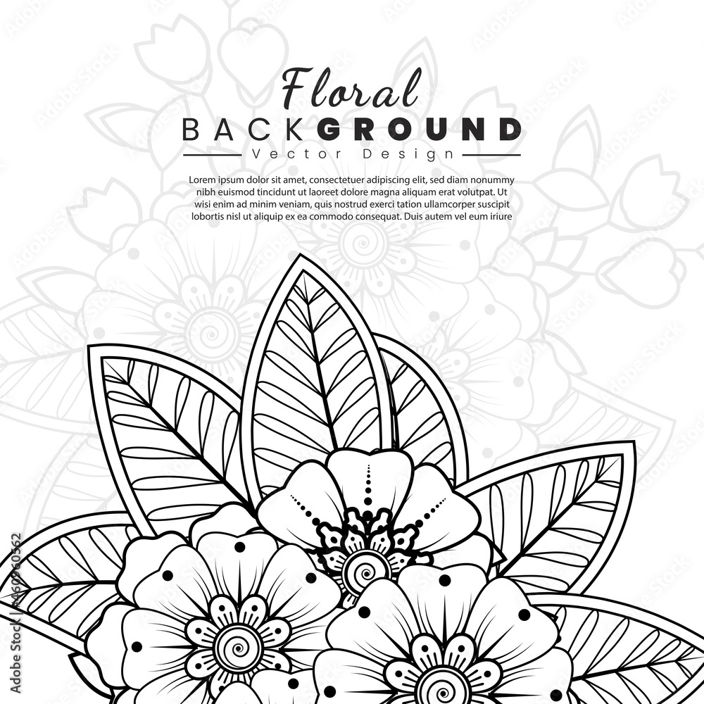 Background with mehndi flowers. Book cover with flower texture. Black lines on white background.