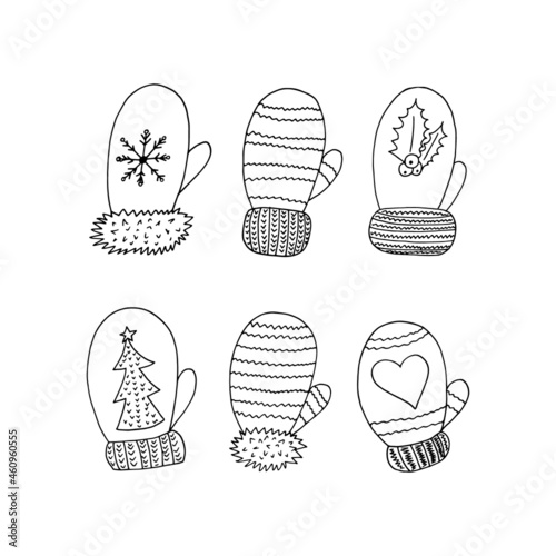 mittens set. hand drawn doodle icon. vector, scandinavian, nordic, minimalism, monochrome. winter clothing, warm, knitted.