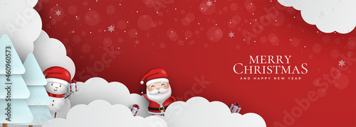 Merry Christmas banner, Xmas Party with gifts box, tree, snowman and santa claus. Horizontal Christmas posters, greeting cards, headers, website.
