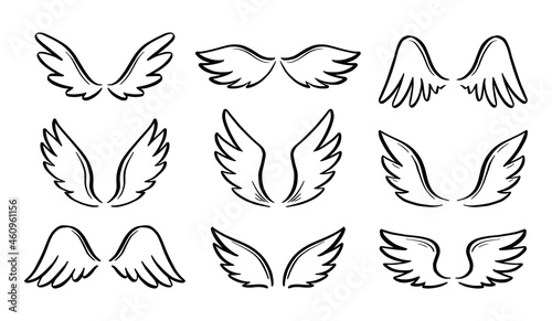 Angel doodle wing set. Hand drawn sketch style wing. Bird feather, angel concept vector illustration. Pencil line drawing.