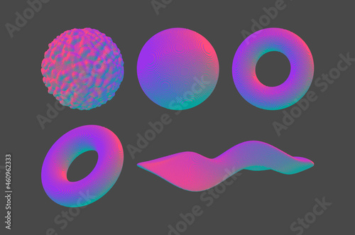 Torus, sphere and wave made of cubes. Element for design. Art geometric primitive. Voxel art. 3D vector illustration for flyer, presentation, brochure or cover.