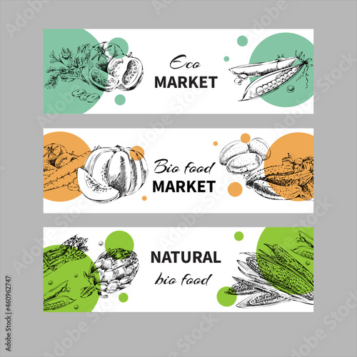 A set of vector hand-drawn healthy food banners. Vintage style. Retro sketch.