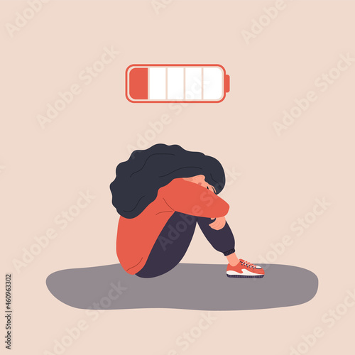 Professional burnout. Exhausted girl with low battery sitting on floor and crying. Mental health problem. Deadline, stress and fatigue concept. Vector illustration in flat cartoon style.