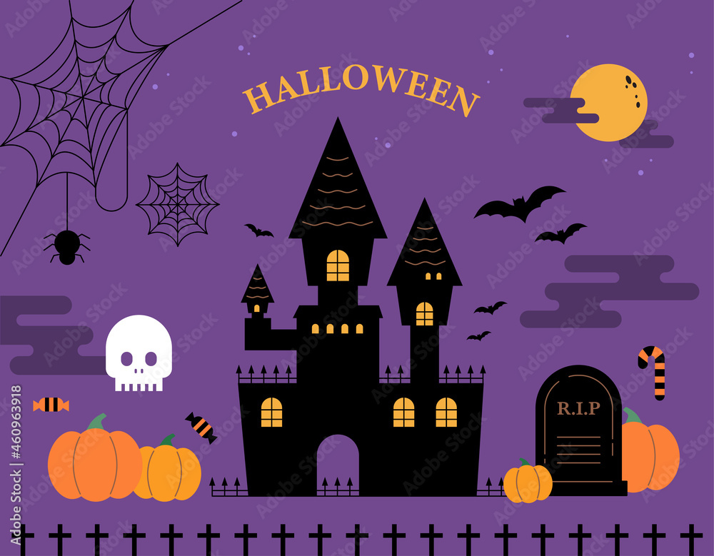 Halloween card. Cute castle silhouette on purple background and Halloween pumpkins items around it. flat design style vector illustration.