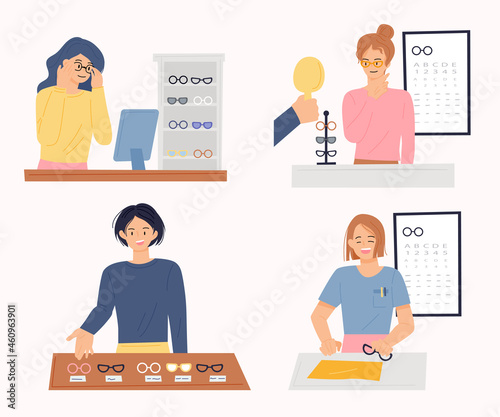 People who buy and sell glasses in an optician's shop. flat design style vector illustration.