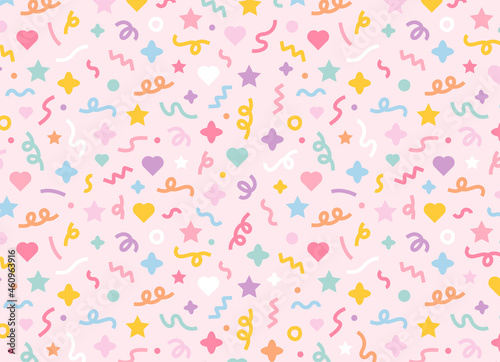 A pattern composed of confetti and cute shapes randomly on a pink background. Simple pattern design template.