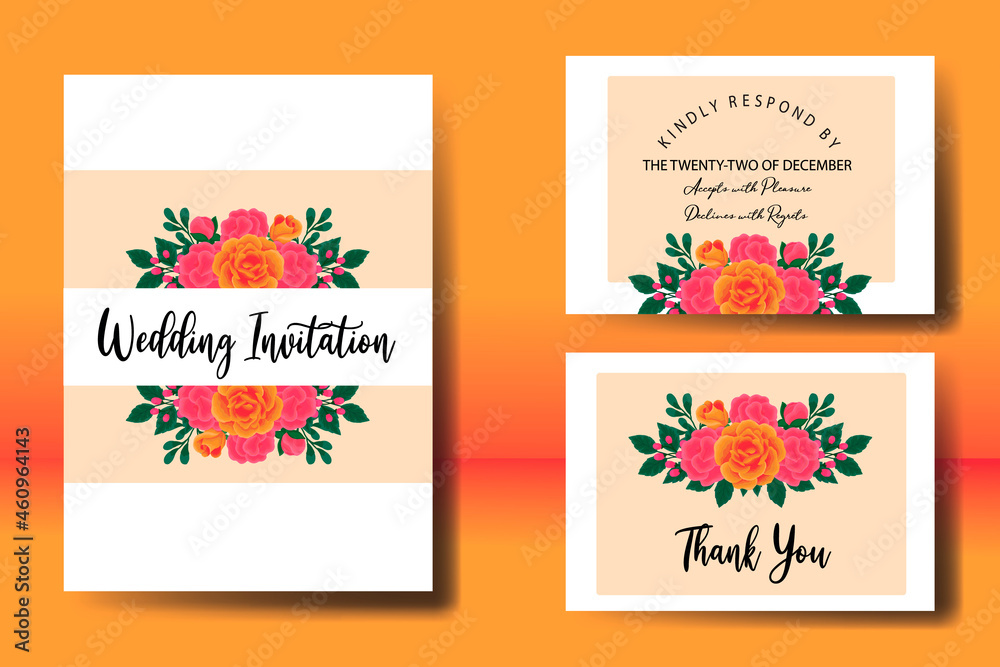 Wedding invitation floral watercolor Digital hand drawn Orange Rose Flower design. Invitation Card Template