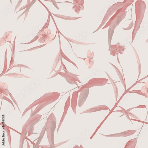 Floral seamless pattern, red ruellia tuberosa flowers and eucalyptus on brown