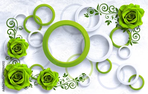 Obraz Green flowers on 3D white and green circle background wallpaper for walls.