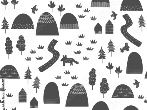 Seamless pattern of mountains, trees, river, houses, trees and animals.