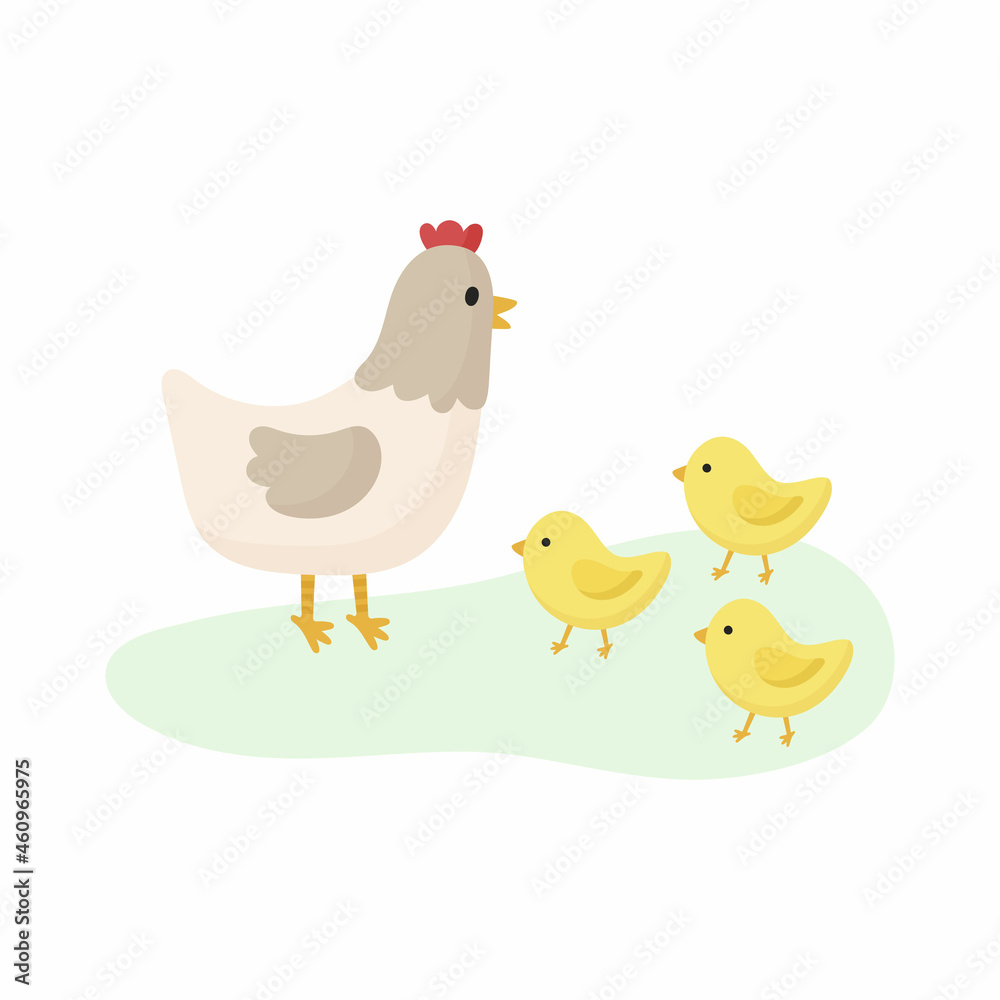 Hen with chickens. Vector illustration