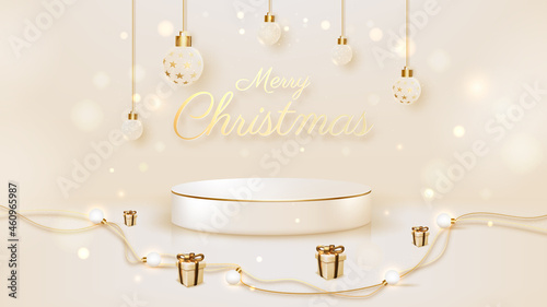 Product podium with gift box and luxury ball with light effect elements, Christmas background concept