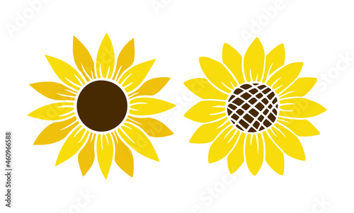 Sunflower simple icon. Flower silhouette vector illustration. Sunflower graphic logo, hand drawn icon for packaging, decor. Petals frame, black silhouette isolated on white background