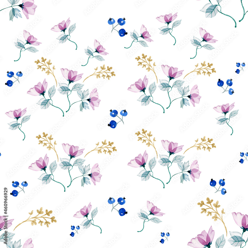 Digital Paper Wallpaper Seamless Pattern for Textiles Watercolor Delicate Flowers Pink Purple Blue