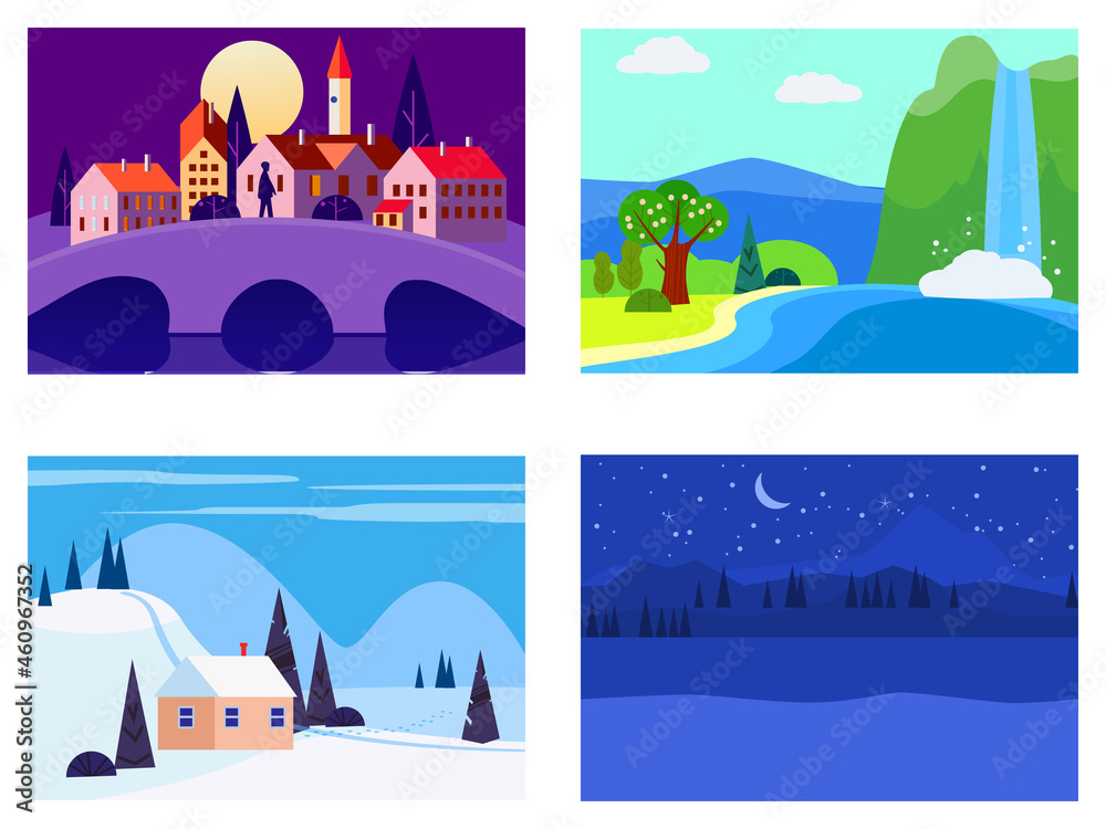 Set of seasons landscapes winter, spring, summer, autumn. Rural, mountaines, field, city, sea, snow, hot, rain, night. Vector minimalistic flat illustration