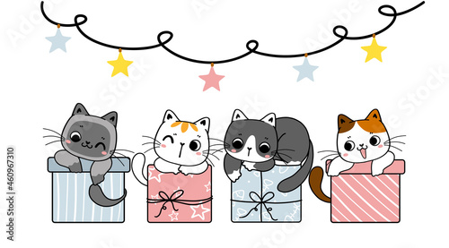 Group of variety breed Cute kitten cat on pastel present gift boxes, Pastel Christmas party, cartoon hand drawn doodle flat vector.