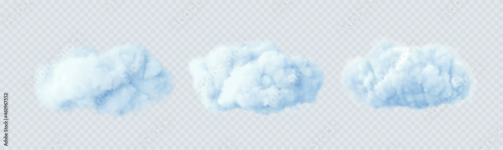 Blue clouds isolated on a transparent background. 3D realistic set of clouds. Real transparent effect. Vector illustration - obrazy, fototapety, plakaty 