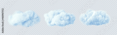 Blue clouds isolated on a transparent background. 3D realistic set of clouds. Real transparent effect. Vector illustration
