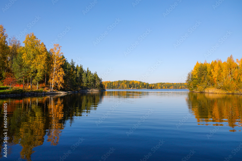 Autumn landscape with colorful trees and northern lake on a sunny day