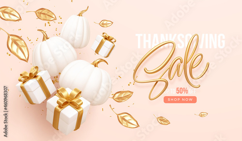3d realistic white and gold pumpkin with gold leaves and gift box isolated on white background. Thanksgiving background with pumpkins and gift box. Vector illustration