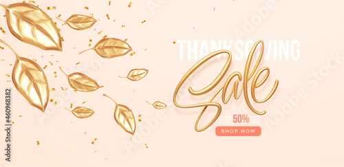 Thanksgiving or fall discount sale banner with falling gold leaves. Autumn sale backdrop with golden leaves. Vector illustration