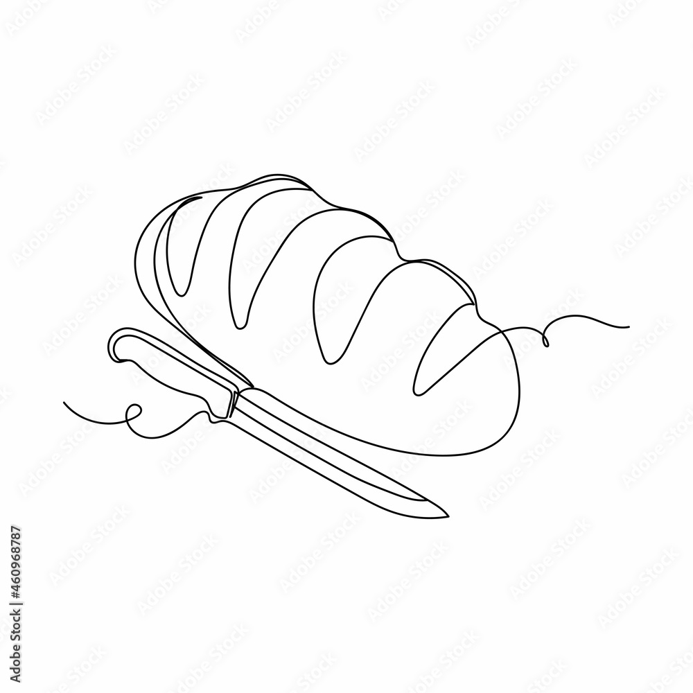 Continuous one line drawing of fresh natural bread with knife organic food icon in silhouette on a white background. Linear stylized. Continuous one line drawing of fresh natural bread with knife organic food icon in silhouette on a white background. Linear stylized.