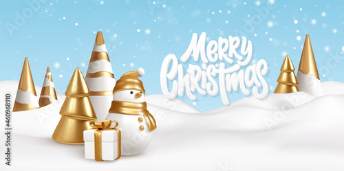 Merry Christmas background with snow drifts landscape, snowman, gift and Christmas trees. Gold and white Christmas decorations. Vector illustration