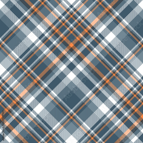 Seamless plaid check pattern in blue, teal, orange and white. Diagonal design. 