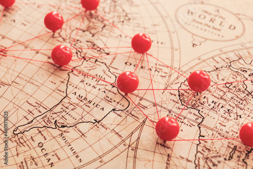 World map with pins, closeup