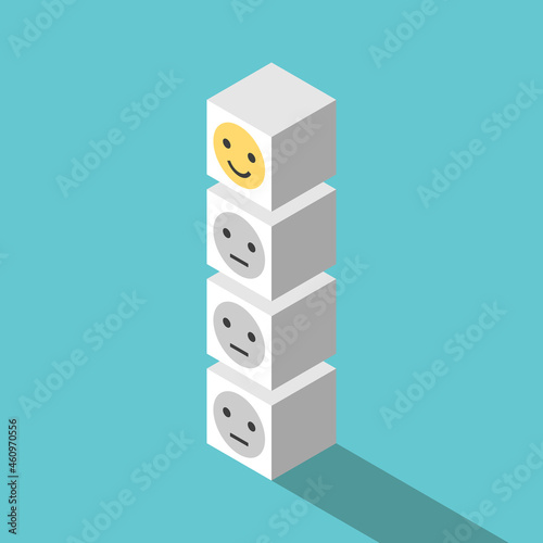 Happy cube on top of unhappy ones. Success, enthusiasm, leadership, positive thinking, optimism and exploitation concept. Flat design. EPS 8 vector illustration, no transparency, no gradients