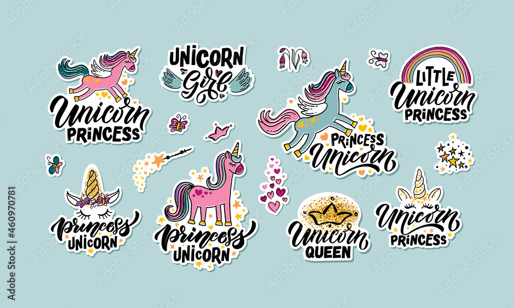 Hand sketched unicorn princess vector illustration with lettering typography quotes. Motivational quotes concept for children t-shirt print. Unicorn logotype, badge, icon. Unicorn logo, banner, flyer