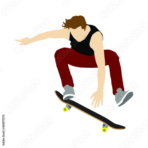 Men playing skateboard trick. Flat vector illustration.