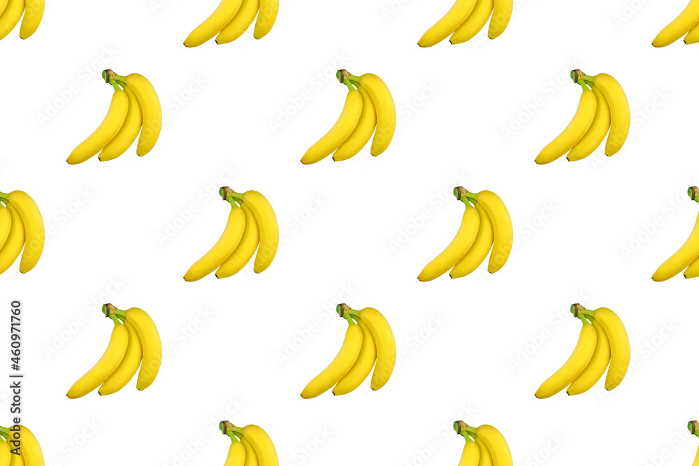 Food pattern background. Ripe banana bunch isolated on white.