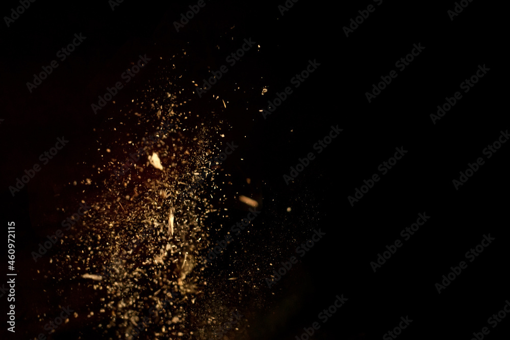 Dust and wood chips on a black background. Dirt particles fly in the air. Layout for design. Some dust particles are blurred to transmit the effect of motion. Dust and wood chips on a black background. Dirt particles fly in the air. Layout for design. Some dust particles are blurred to transmit the effect of motion.
