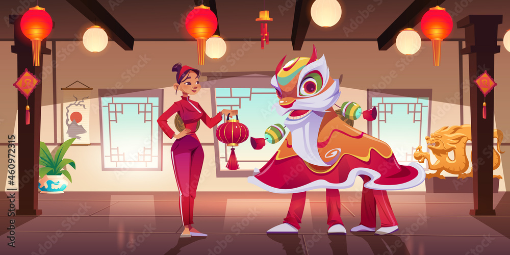 Chinese lunar new year celebration, china characters lion dance and woman  in asian costume in dojo room decorated with traditional red lanterns,  dragon and oriental decor, Cartoon vector illustration Stock Vector |