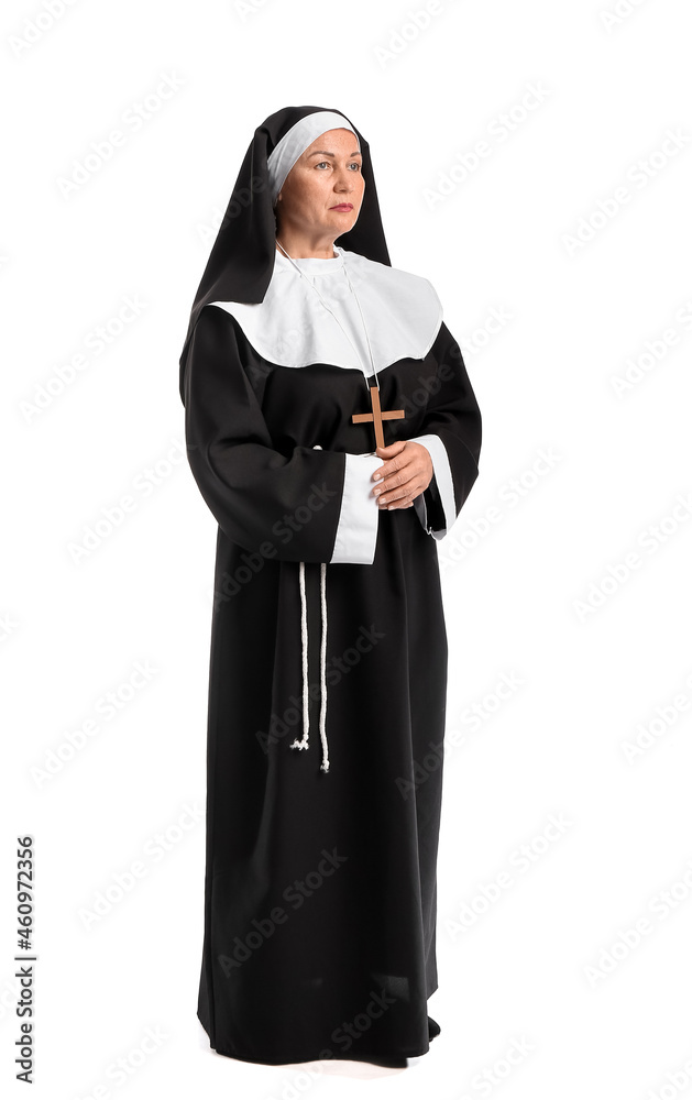 Mature nun on white background