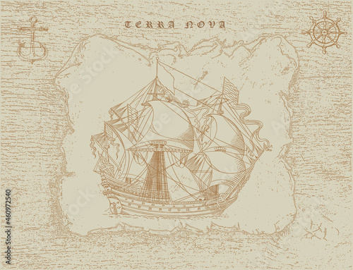 vector image of a vintage caravel in old engraving style	