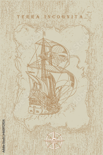 vector image of a vintage caravel in old engraving style	